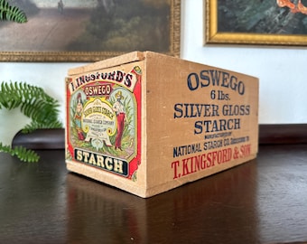 Vintage Oswego Silver Gloss Starch Wooden Advertising Crate with Original Label & Lid