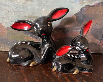 Vintage Mid Century Japanese Deer Sculptures Vintage Enesco Deer Figurines Vintage Black Doe and Deer Vintage Anthropomorphic Deer Figurines