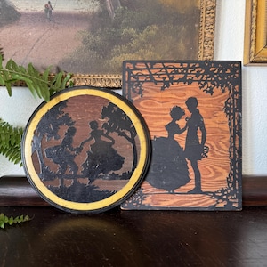 2 Vintage Victorian Couple Silhouettes on Wood Vintage Wooden Victorian Silhouettes Vintage Victorian Silhouette Pair Vintage Silhouettes