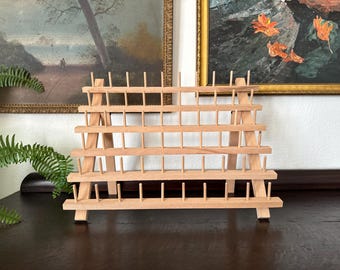 Vintage 60-Peg Wooden Thread Caddy Rack Spool Holder Tabletop Wall Organizer