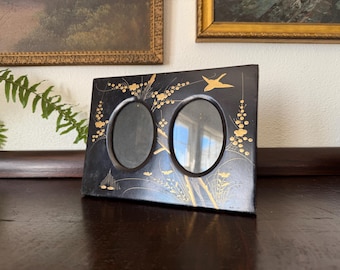Antique Japanese Black Lacquer Double Window Easel Back Picture Frame