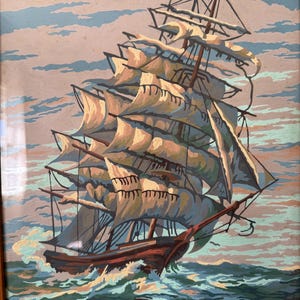 May include: A painting of a large sailing ship with multiple sails, set against a blue sky with white clouds. The ship is brown and has a red hull. The water is blue and green and there are white waves.
