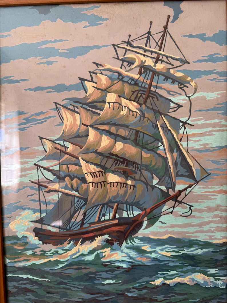 May include: A painting of a large sailing ship with multiple sails, set against a blue sky with white clouds. The ship is brown and has a red hull. The water is blue and green and there are white waves.