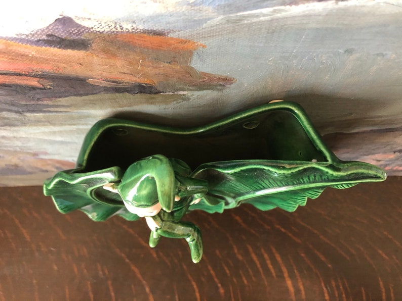 Vintage Green California Pixie Elf Wall Vase Vintage Hand Painted Pixie Elf Wall Pocket Vintage 1950/'s Pixie Elf on Leaf Planter Vintage Elf