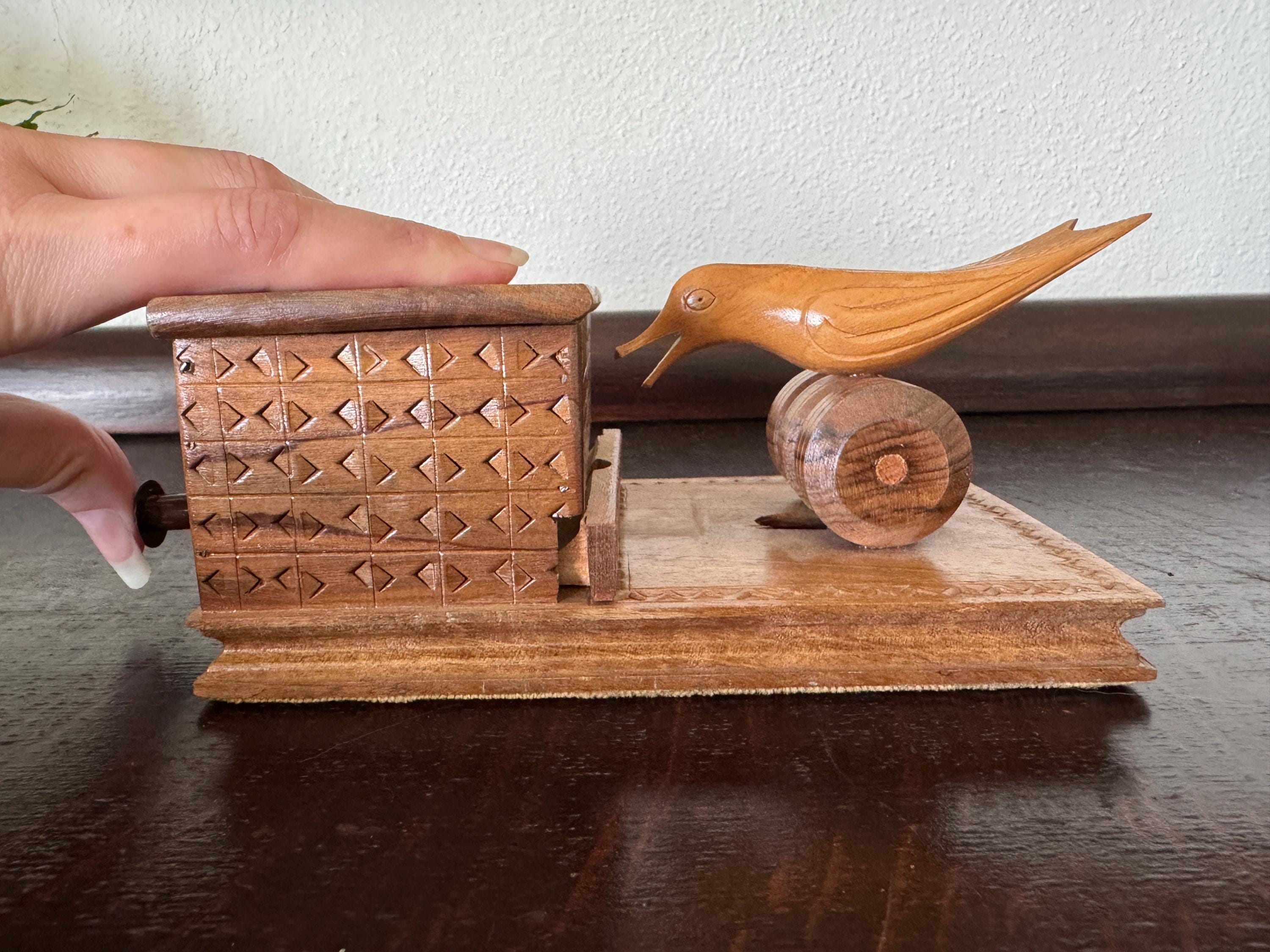 Vintage Folk Art Carved Wood Bird Mechanical Cigarette Dispenser Holder