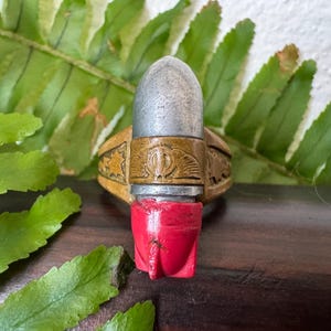 May include: A unique ring featuring a silver bullet-shaped top, a brass band with etched designs, and a red, carved base. The ring is set against a backdrop of green leaves and a dark wooden surface.