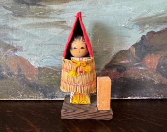 Vintage Sosaku Japanese Kokeshi Doll on Stand with Coat