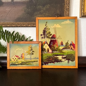2 Vintage Dutch Windmill Paintings Vintage Pair of Windmill Paintings Vintage Holland Landscape Paintings Vintage Dutch Painting Set of 2