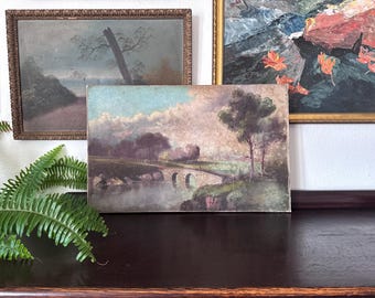 Late 19th-Century French Pastoral Landscape with Bridge Oil Painting