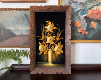 Vintage Folk Art Floral Black Velvet Painting Vintage Floral Velvet Painting Vintage Mexican Wood Frame Vintage Framed Still Life Painting