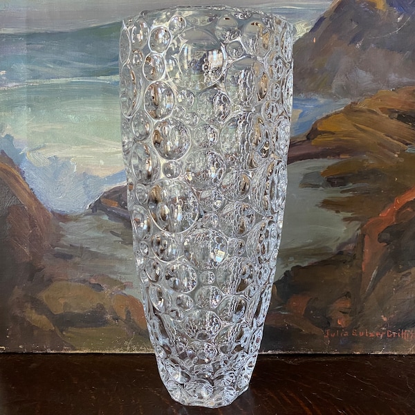 Vintage XL Bohemian Czech Inverted Bubble Glass Vase Vintage Czech Bohemia Glass Vase Vintage Optic Bubbles Vase Vintage Bubble Glass Vase