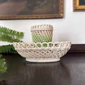 Vintage Max Roesler-Style Porcelain Lattice Weave Reticulated Bowl + Italian Cachepot