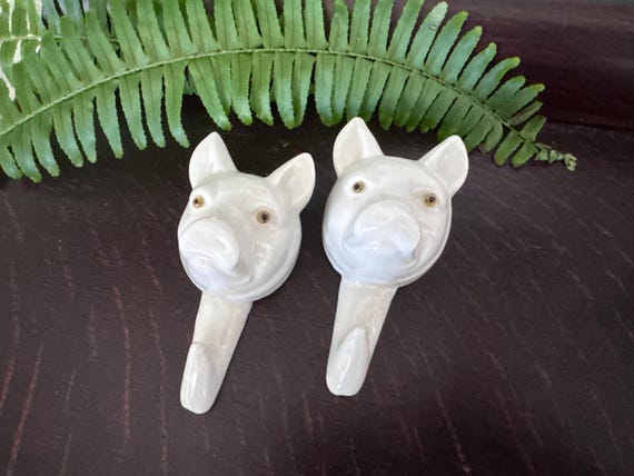 Vintage French Bulldog or Pig Towel Apron Wall Hook Pair with Glass Eyes