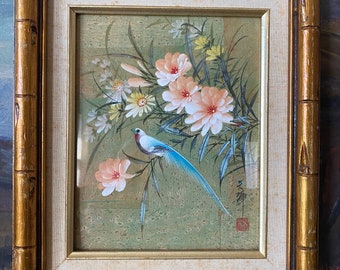 Chinese Paper White Narcissus Bulb Watercolor Gouache Painting on Silk-  Framed