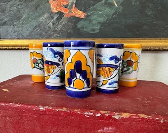 Vintage Mexican Talavera Folk Art Pottery Cup Set of 6 Signed