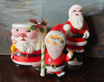 Vintage Mid Century Santa Collection Vintage Paper Mache Santa Ornament Vintage Hand-Painted Santa Vintage Plastic Santa Candle Holder