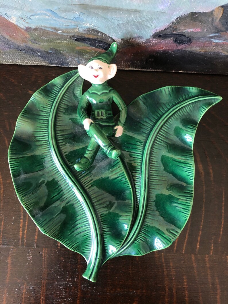Vintage Green California Pixie Elf Wall Vase Vintage Hand Painted Pixie Elf Wall Pocket Vintage 1950/'s Pixie Elf on Leaf Planter Vintage Elf