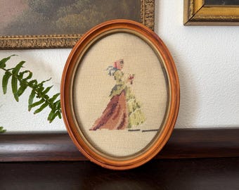 Vintage Victorian Woman with Flowers Needlepoint Embroidery Framed