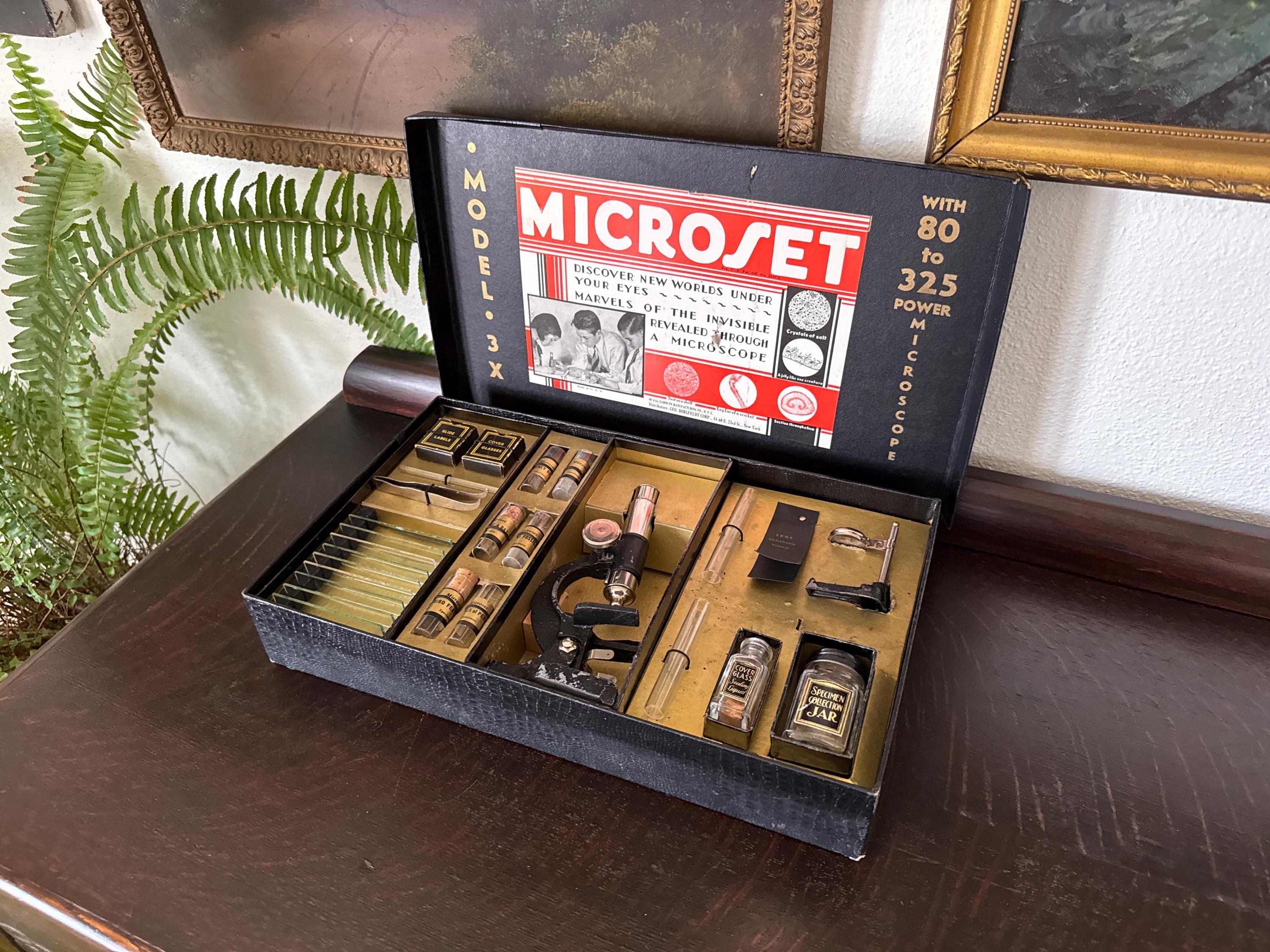 Vintage 40s-50s Microset Model 3X Microscope Kit in Original Case