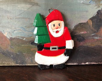 Vintage Hand Carved Painted Cheeky Wood Santa Christmas Ornament