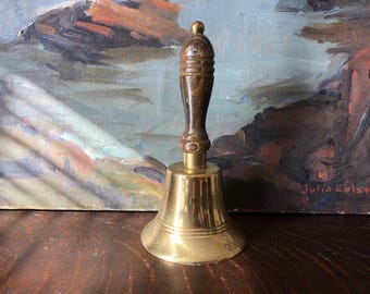 Vintage Brass Hand Dinner School Bell with Turned Wood Handle