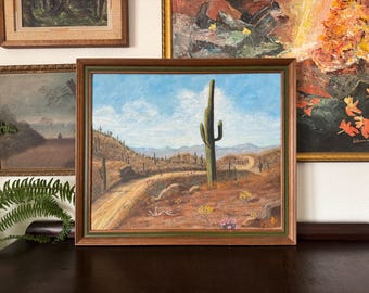 Mid-20th Century Desert Landscape Oil Painting Framed, Large