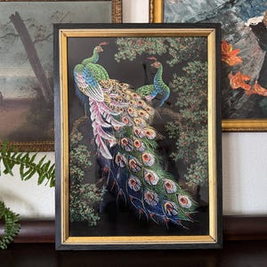 Vintage Peacock Black Velvet Painting Vintage Peacock Painting Vintage Asian Decor Vintage Peacock Wall Art Vintage Flora and Fauna Wall Art
