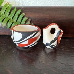 Vintage Mini Jemez Pueblo Polychrome Clay Seed Pot + Wedding Vase Signed
