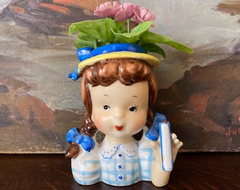 Vintage English School Girl with Flower Fascinator Vintage Umbrella Girl Planter Vintage Lady Head Planter Vintage British School Girl Vase