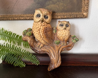 Vintage Chalkware Owl Family Wall Plaque Hand-Painted