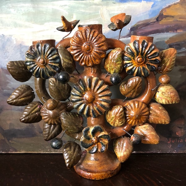 Vintage Mexican Folk Art Tree of Life Candleholder Vintage Handcrated Clay Tree of Life Vintage Mexican Candelabra Vintage Mexican Folk Art
