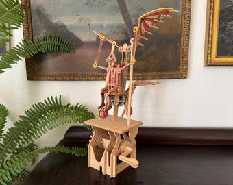 Flying Man Automata Mechanical Flying Man Sculpture Hand Crank Wood Kinetic Sculpture Man on Flying Contraption Automaton Kids Room Decor