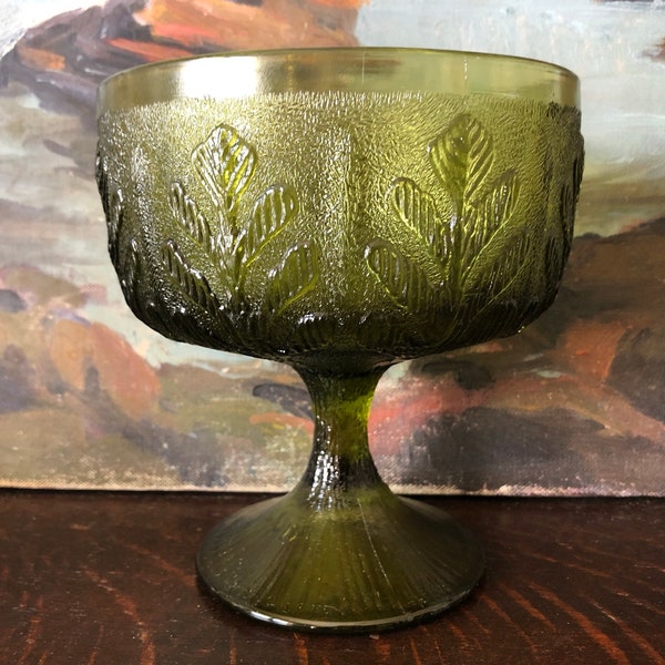 Vintage Pressed Glass Maple Leaf Footed Compote Vintage Green Glass Pedestal Bowl Vintage Footed Glass Compote Vintage Glass Pedestal Bowl