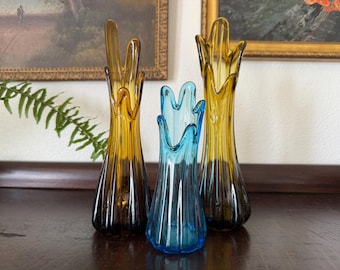 Mid-Century 5-Finger Amber Root Beer & Blue Swung Glass Vase Set of 3