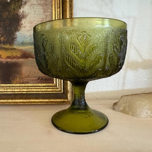 FINAL SALE - Vintage Avocado Maple Leaf Footed Glass Compote Vintage Green Glass Pedestal Bowl Vintage Footed Glass Compote Pedestal Bowl