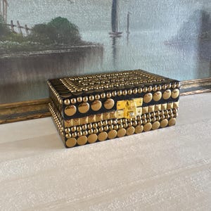 Vintage Hand-Set Studded Brass Nailhead + Wood Hinged Trinket Jewelry Box