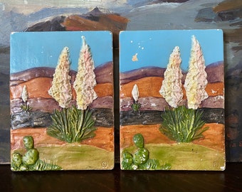 Vintage Pair of Ceramic Desert Wall Tiles Vintage Yucca Modern Clay Wall Art Vintage Desert Wall Plaques Vintage Art Pottery Wall Decor Tile