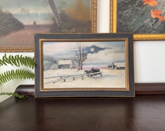 Early 20th Century Naïve Folk Art Winter Landscape Impasto Oil Painting Framed