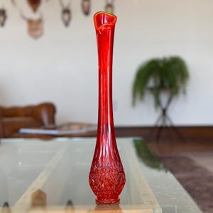 Vintage 16&quot; Amberina Cut and Block Swung Glass Vase Vintage Diamond & Fan Pattern Swung Glass Vase Vintage MCM Amberina Swung Glass Vase