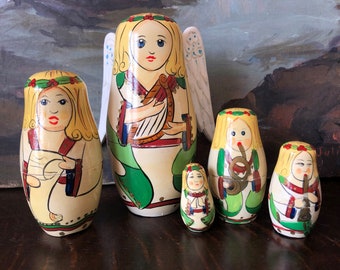 Vintage Hand Painted Nesting Babushka Dolls Vintage Russian Christmas Angel Nesting Dolls Vintage Matryoshka Russian Angel Nesting Dolls