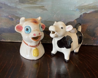 Mid-Century Hand-Painted Dairy Cow Bud Vase Plant Pot Pair