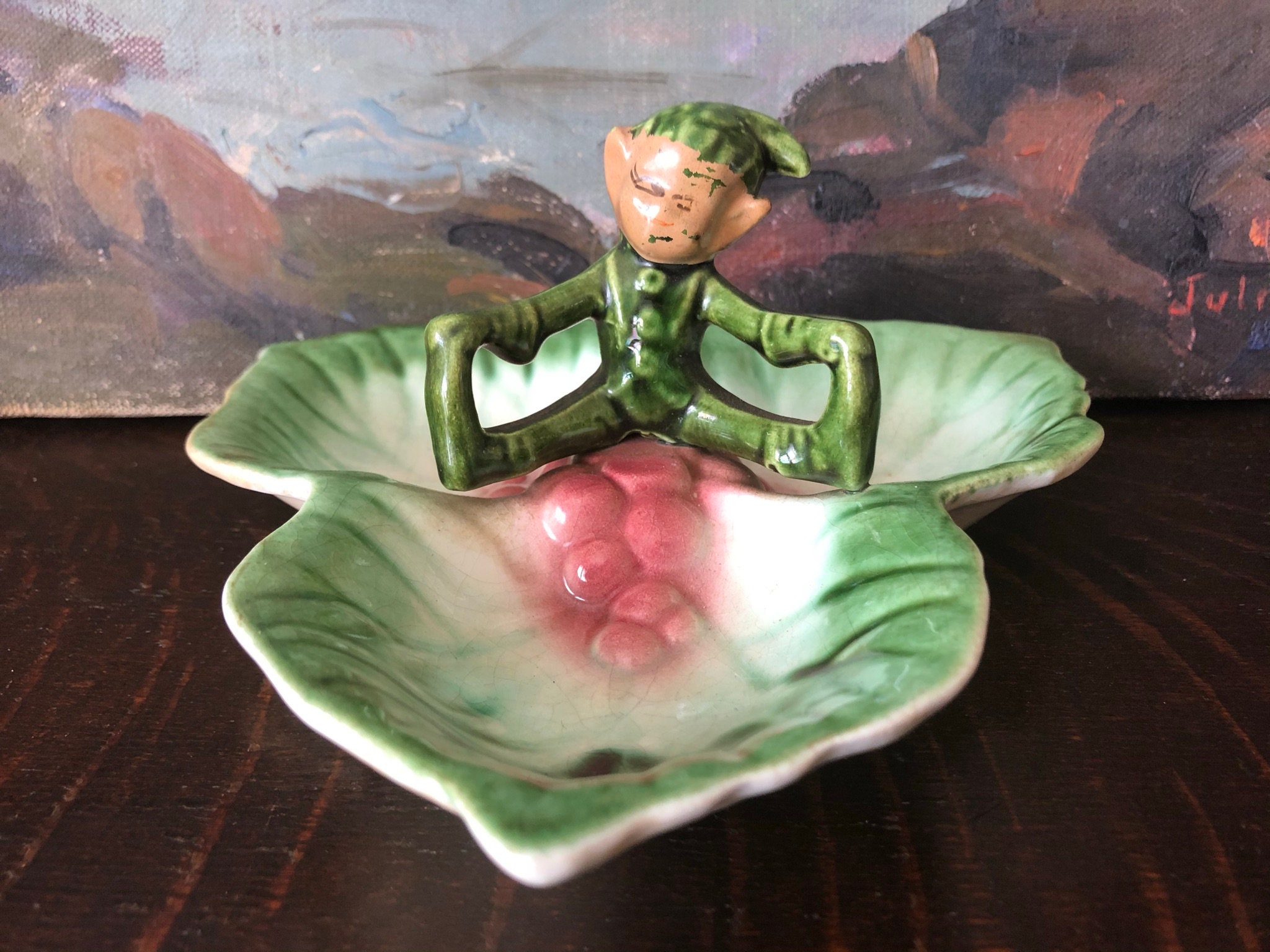 Vintage Green California Pixie Elf Wall Vase Vintage Hand Painted Pixie Elf Wall Pocket Vintage 1950/'s Pixie Elf on Leaf Planter Vintage Elf