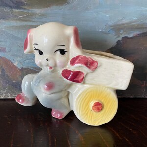 Vintage Cartoon Dog with Cart Planter Vintage Puppy Dog Pulling Cart Planter Vintage Cute Dog Planter Vintage Mid Century Dog Planter