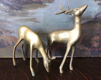 Vintage Mid Century Brass Deer Pair Vintage Solid Brass Deer Vintage Woodland Creatures Vintage Christmas Decor Vintage Brass Buck and Doe