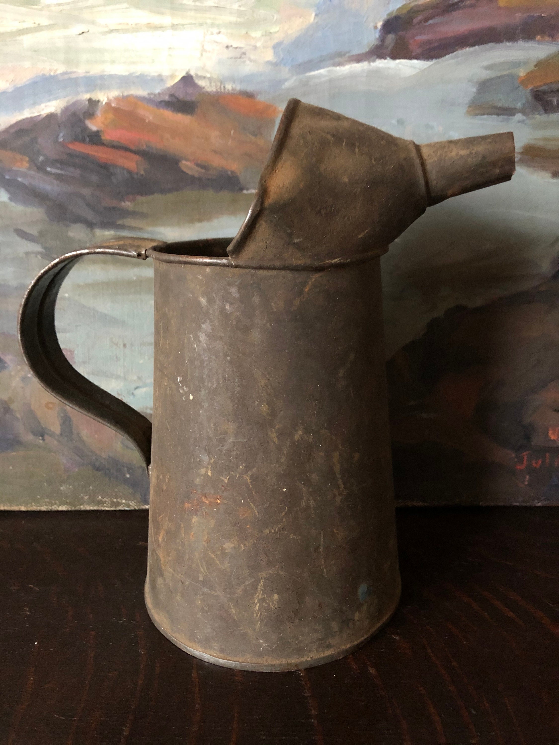 Vintage Metal Oil Can Pitcher Primitive Metal Oil Can Pitcher Etsy
