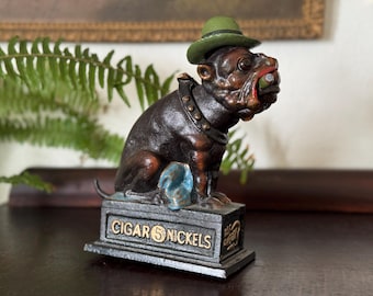 Ole Puffer Bulldog Cigar Cast Iron Mechanical Bank, 5 Cent Cigar