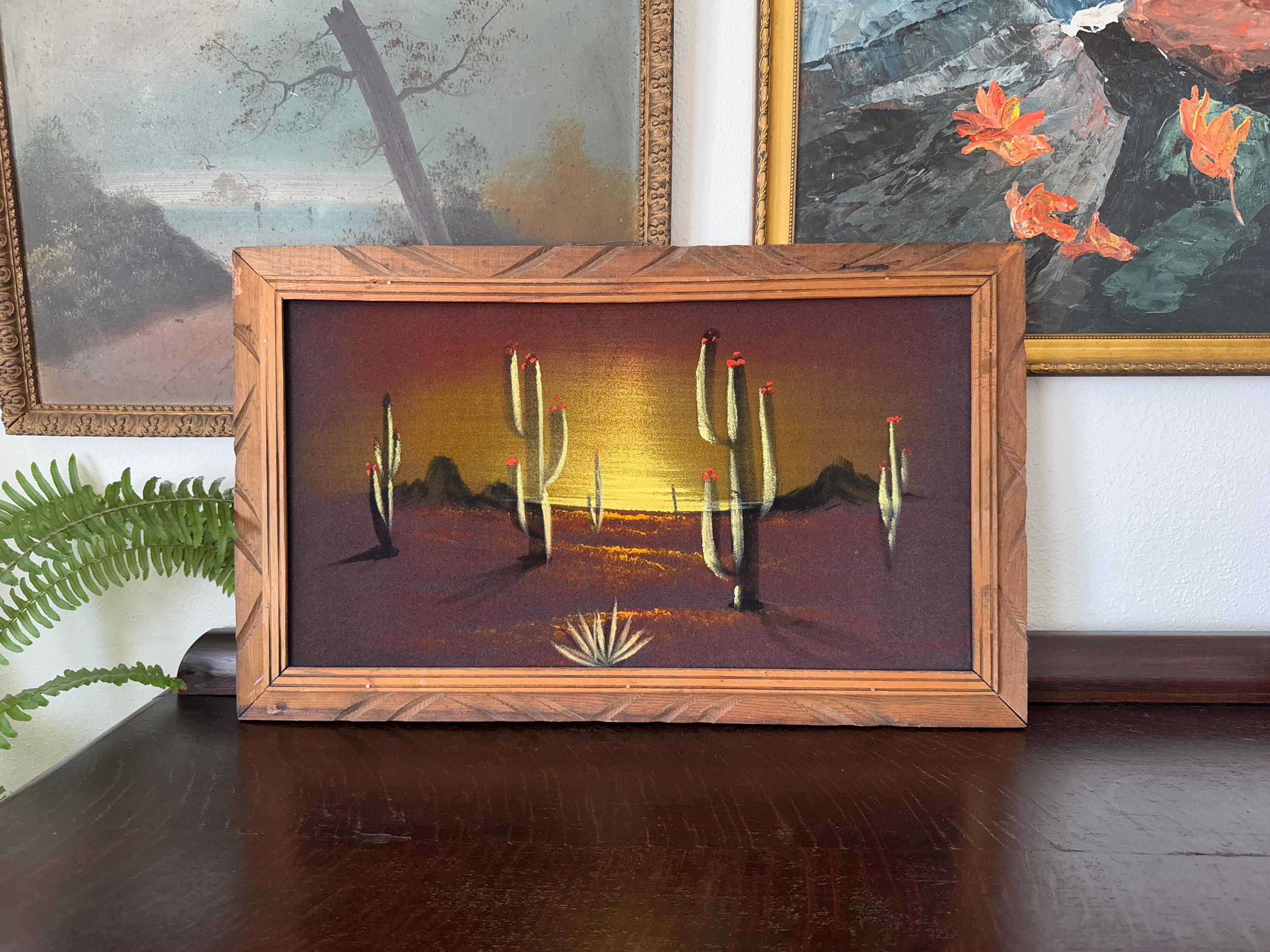 Mid-century Desert Sunset Landscape Black Velvet Painting Framed