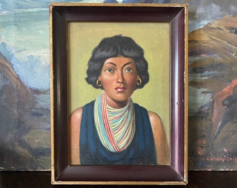 Vintage Framed Woman in Scarf Portrait Painting Vintage South American Painting Vintage Chilean Art Vintage Ecuador Vintage Woman Portrait