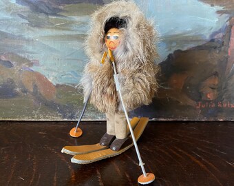 Vintage Skiing Inuit Wood Leather and Fur Sculpture Vintage Inuit Figurine Vintage Taxidermy Vintage Skiing Doll Vintage Skiing Sculpture