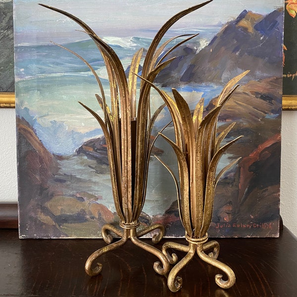 Vintage MCM Gilded Metal Wheat Sheaf Decorative Object Set Vintage Pair of Gold Leaf Wheat Sheaf Vases Vintage Gilded Vase Set of 2